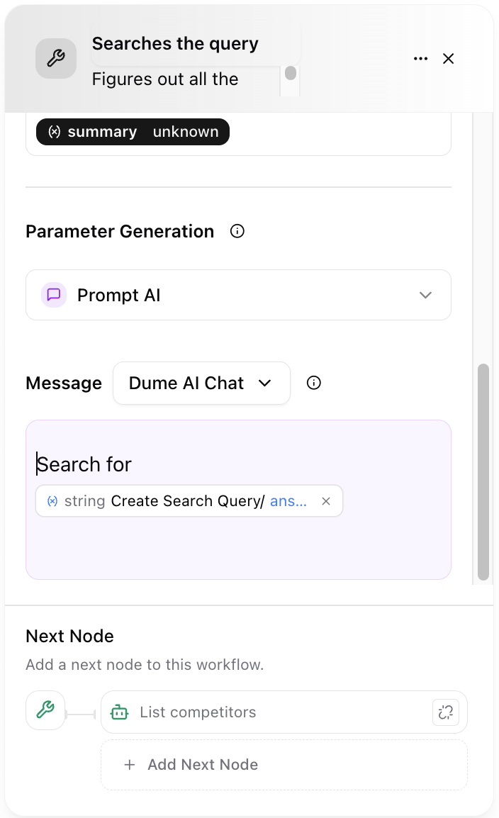 Dume.ai Workflow Tool node Workflow Dume.ai tool node