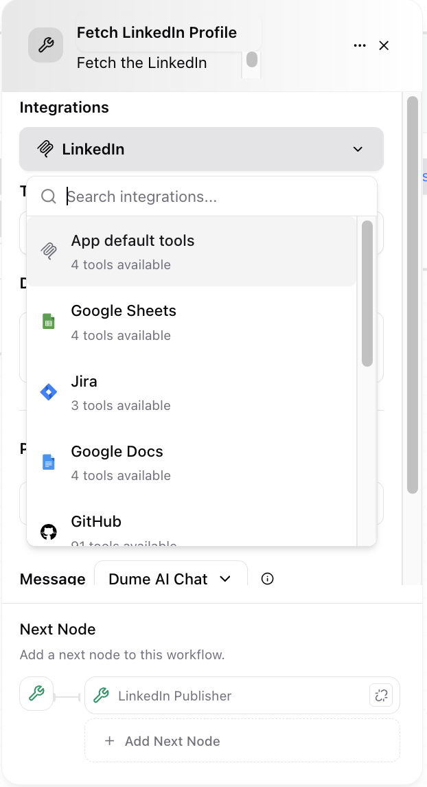 Dume.ai Workflow Tool integration Workflow Dume.ai tool integration