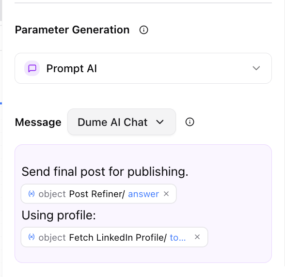 Dume.ai Workflow Tool message Workflow Dume.ai tool message