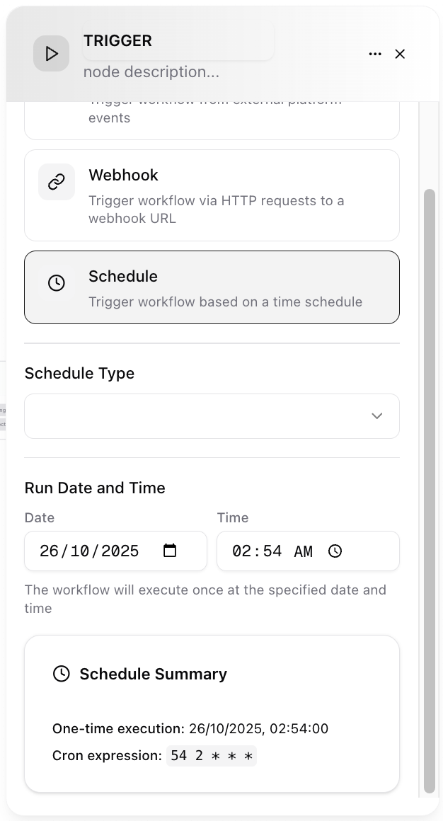 Dume.ai Workflow Trigger schedule Workflow Dume.ai trigger schedule