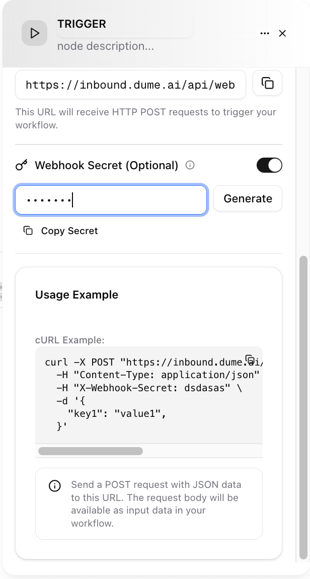 Dume.ai Workflow Trigger webhook Workflow Dume.ai trigger webhook