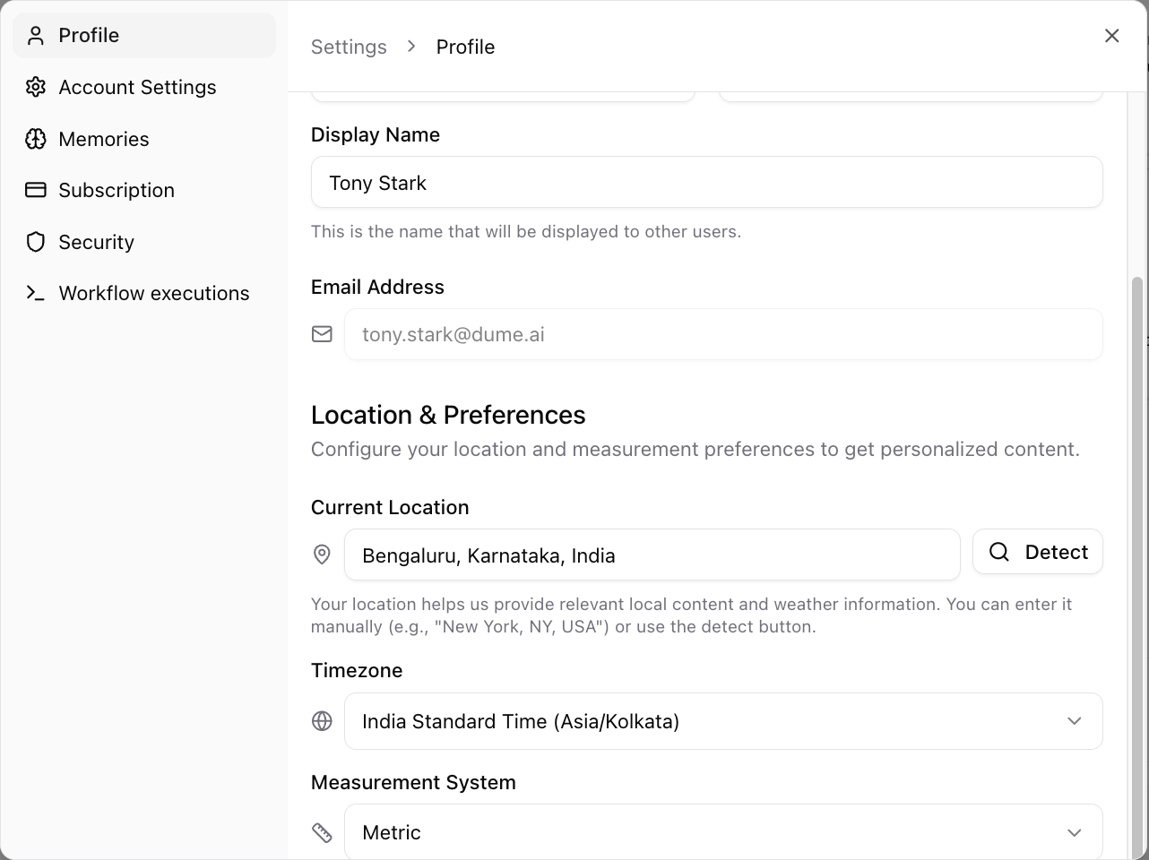 Profile settings and preferences configuration Profile settings page showing location, timezone, and measurement system options
