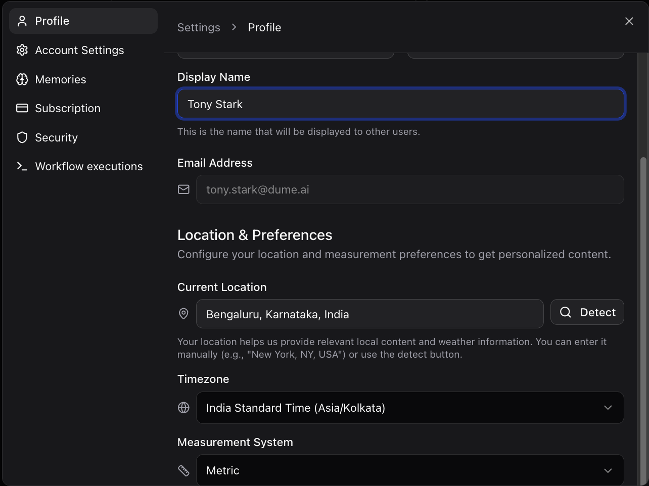Profile settings and preferences configuration (dark mode) Profile settings page showing location, timezone, and measurement system options (dark mode)
