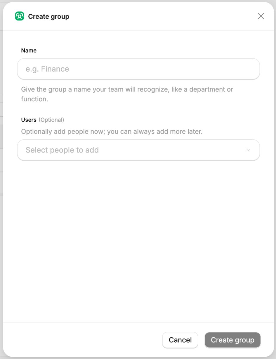 The Create group side panel with a required Name field and an optional Users selector.