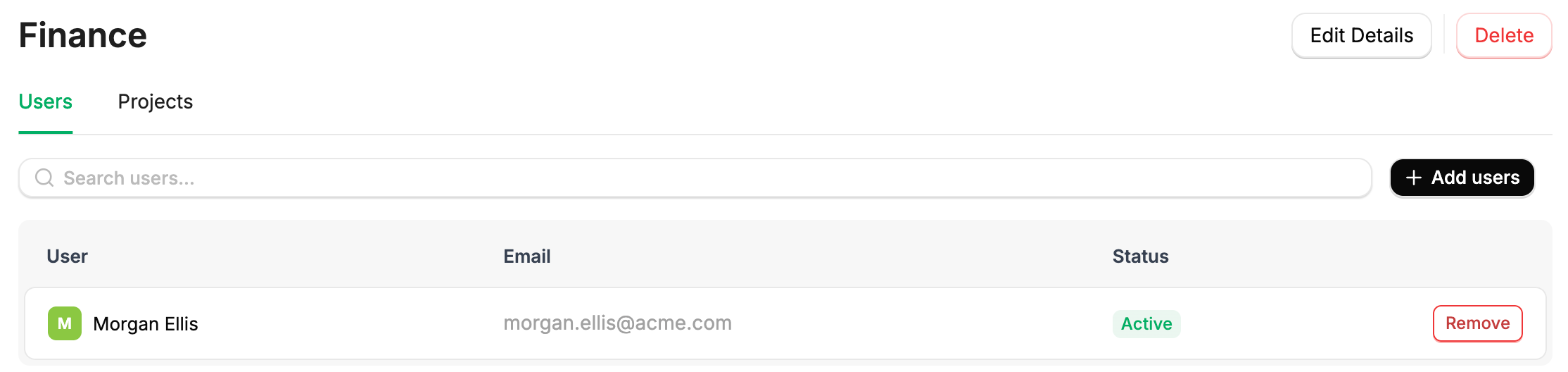 A group's Users tab listing its users, each with a Remove action, and an Add users button.