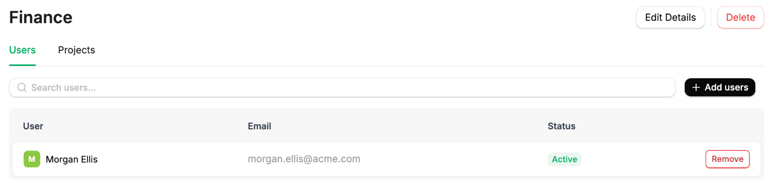 A group's Users tab listing its users, each with a Remove action, and an Add users button.