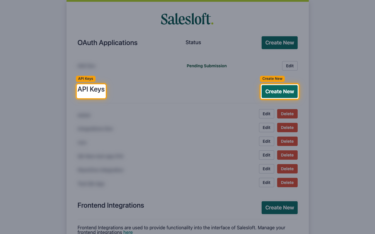 OAuth Applications page with the API Keys section and its Create New button highlighted.