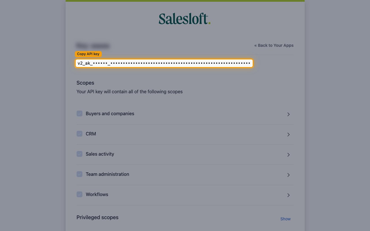 API key detail page with the key (redacted) highlighted for copying.