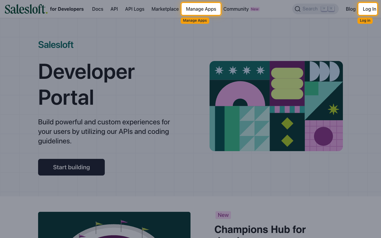 Salesloft Developer Portal with Log In and Manage Apps highlighted in the top navigation.