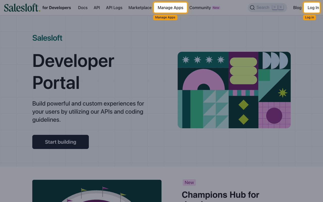 Salesloft Developer Portal with Log In and Manage Apps highlighted in the top navigation.
