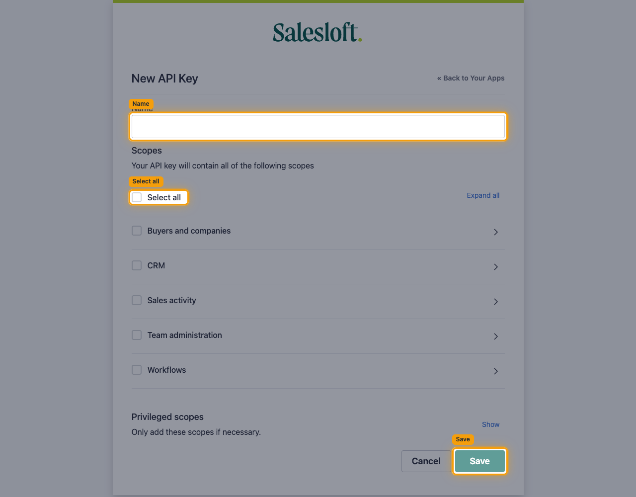 New API Key page with the Name field, Select all checkbox and Save button highlighted.