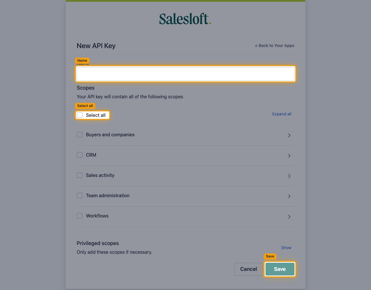 New API Key page with the Name field, Select all checkbox and Save button highlighted.