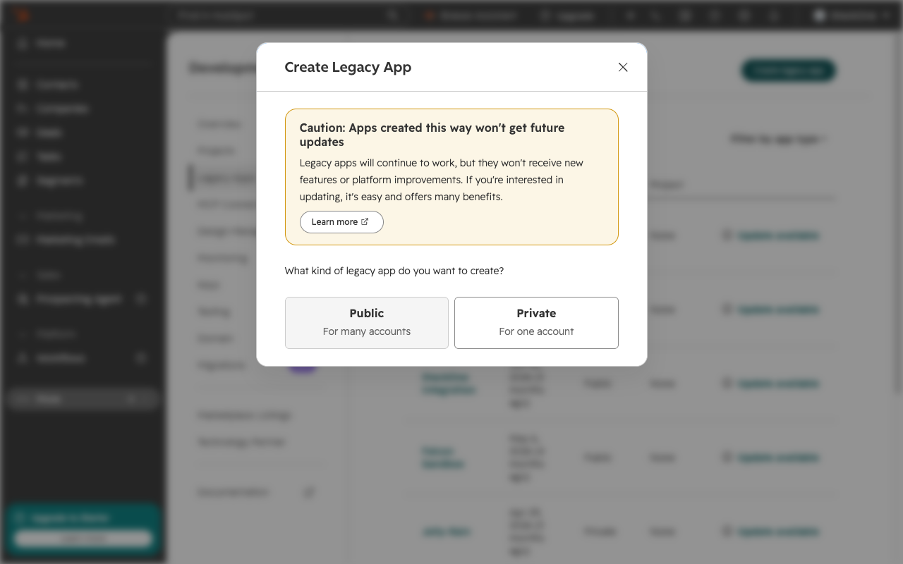 Create Legacy App dialog showing the Public (For many accounts) option greyed out and disabled