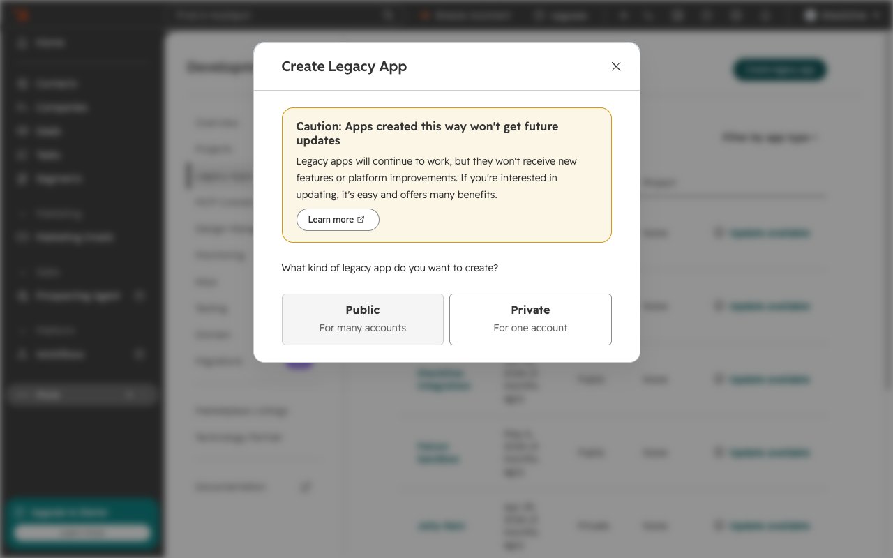 Create Legacy App dialog showing the Public (For many accounts) option greyed out and disabled
