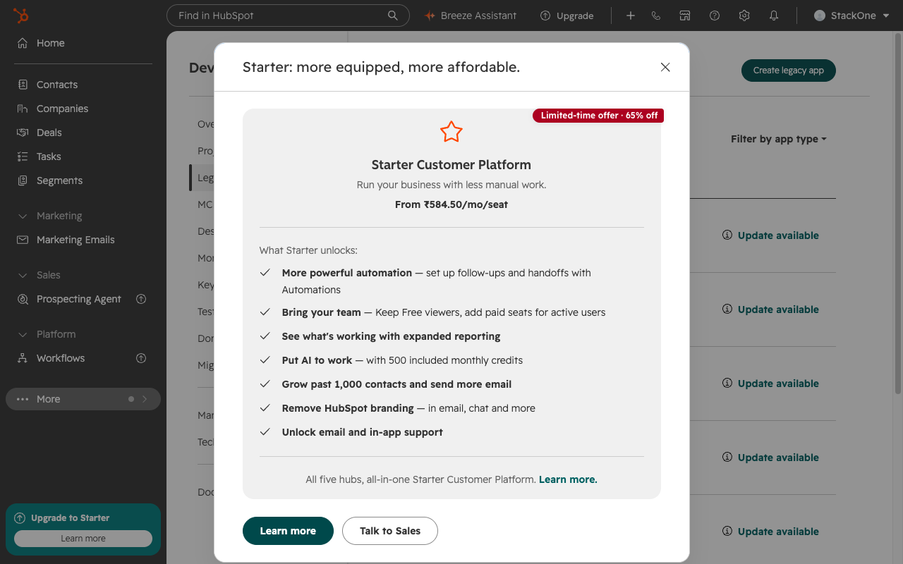 Legacy Apps page listing existing apps with the Create legacy app button in the upper right