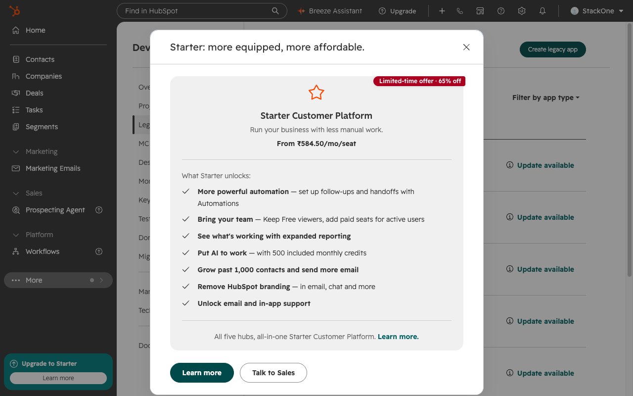 Legacy Apps page listing existing apps with the Create legacy app button in the upper right