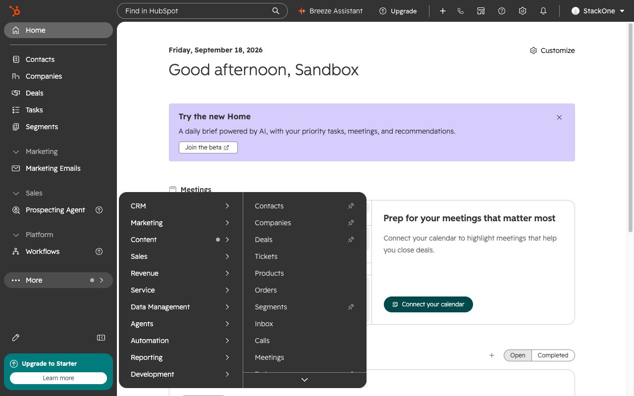 HubSpot left sidebar with the More menu expanded and Development highlighted at the bottom of the list