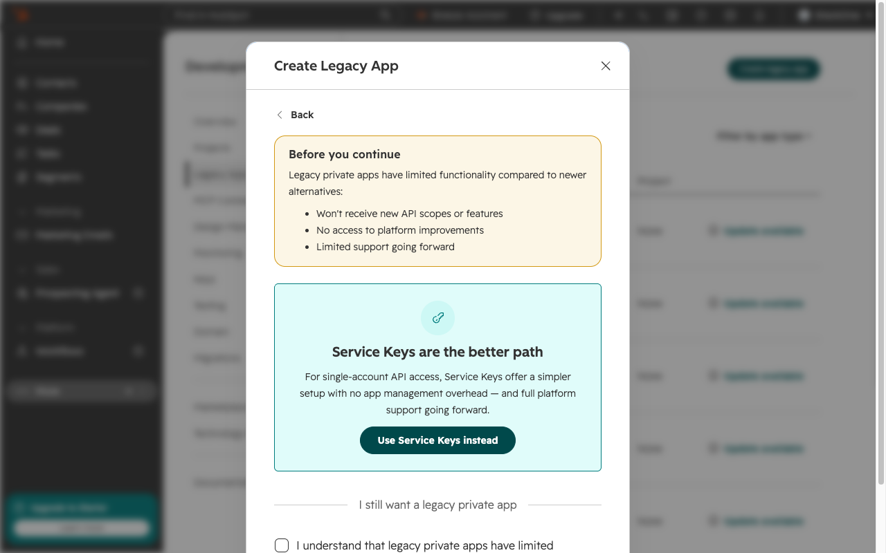 Legacy private app confirmation screen with the acknowledgement checkbox ticked and the Continue with legacy private app button
