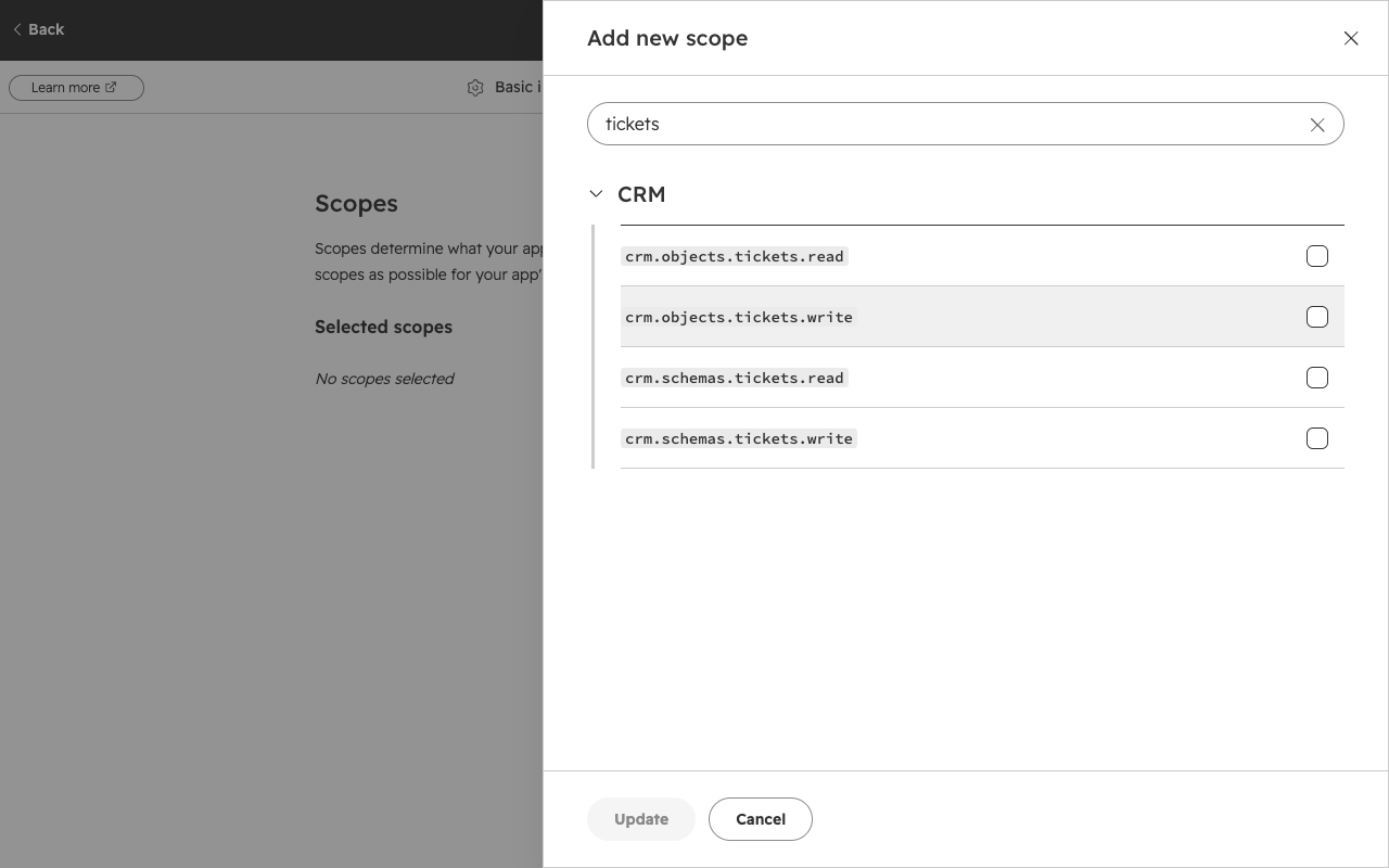 Private app scope picker filtered to tickets showing crm.objects.tickets.read/write and crm.schemas.tickets.read/write (no bare tickets scope)
