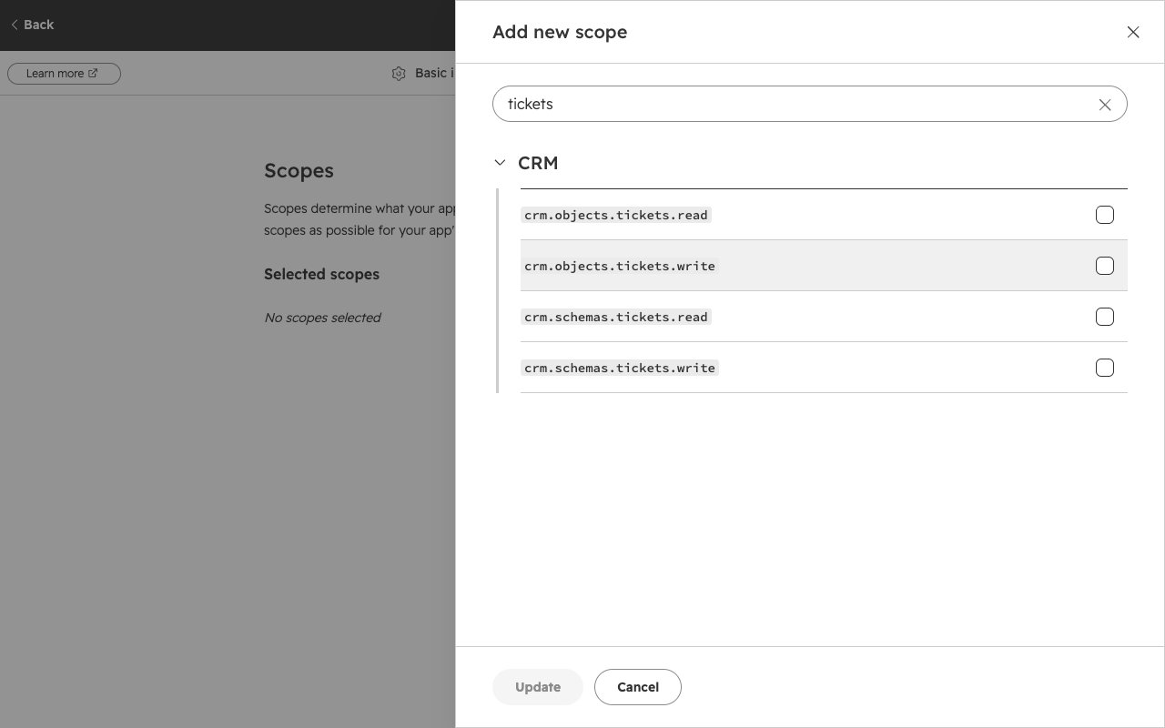Private app scope picker filtered to tickets showing crm.objects.tickets.read/write and crm.schemas.tickets.read/write (no bare tickets scope)