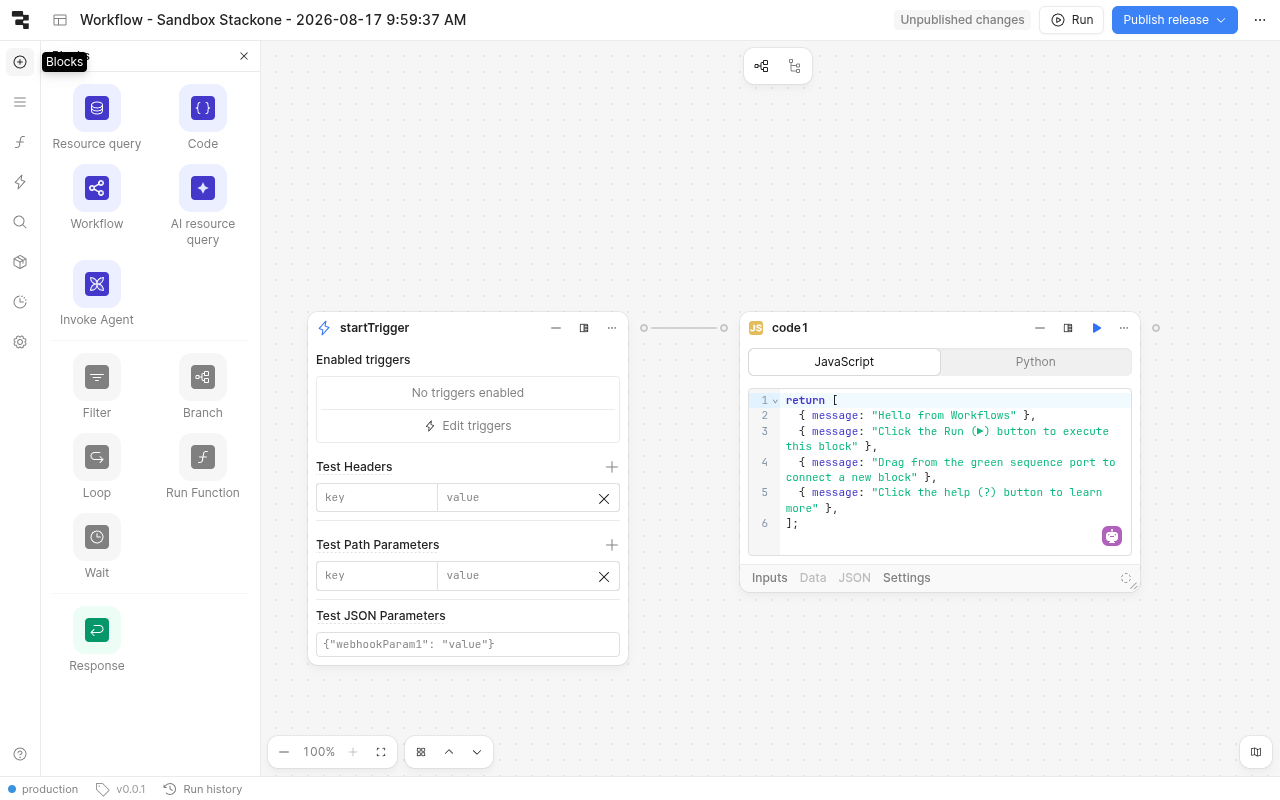 Retool Blocks panel showing Resource query, Code, Workflow and other block types