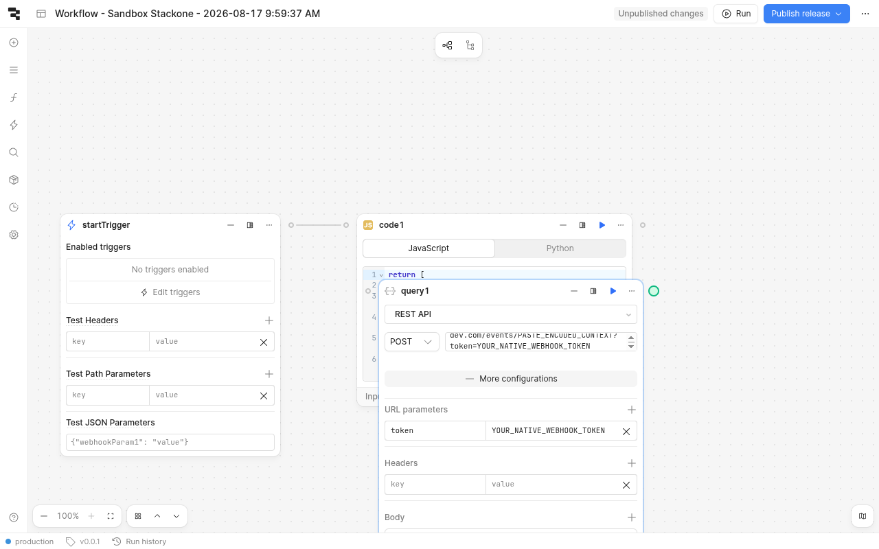 Retool Resource query block set to REST API, POST, with the Native Webhook URL and More configurations expanded