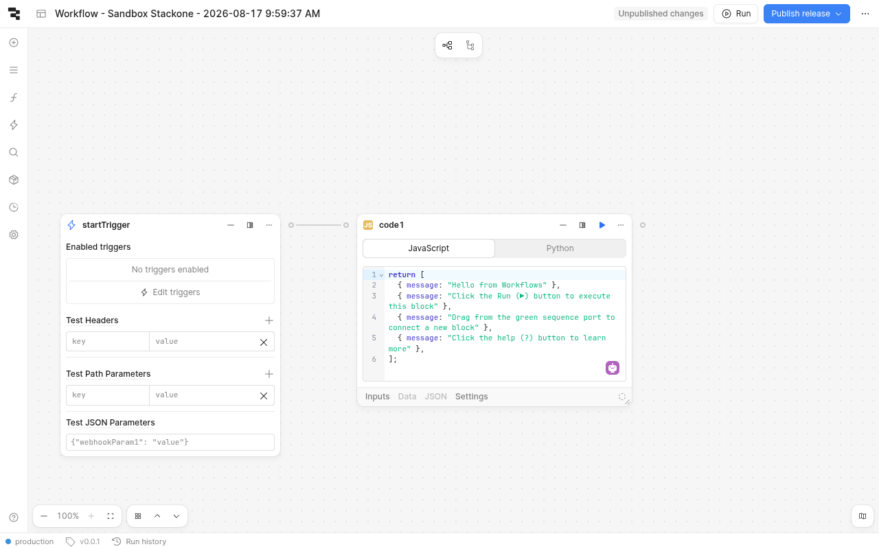 Retool workflow editor with the startTrigger block and a default code block