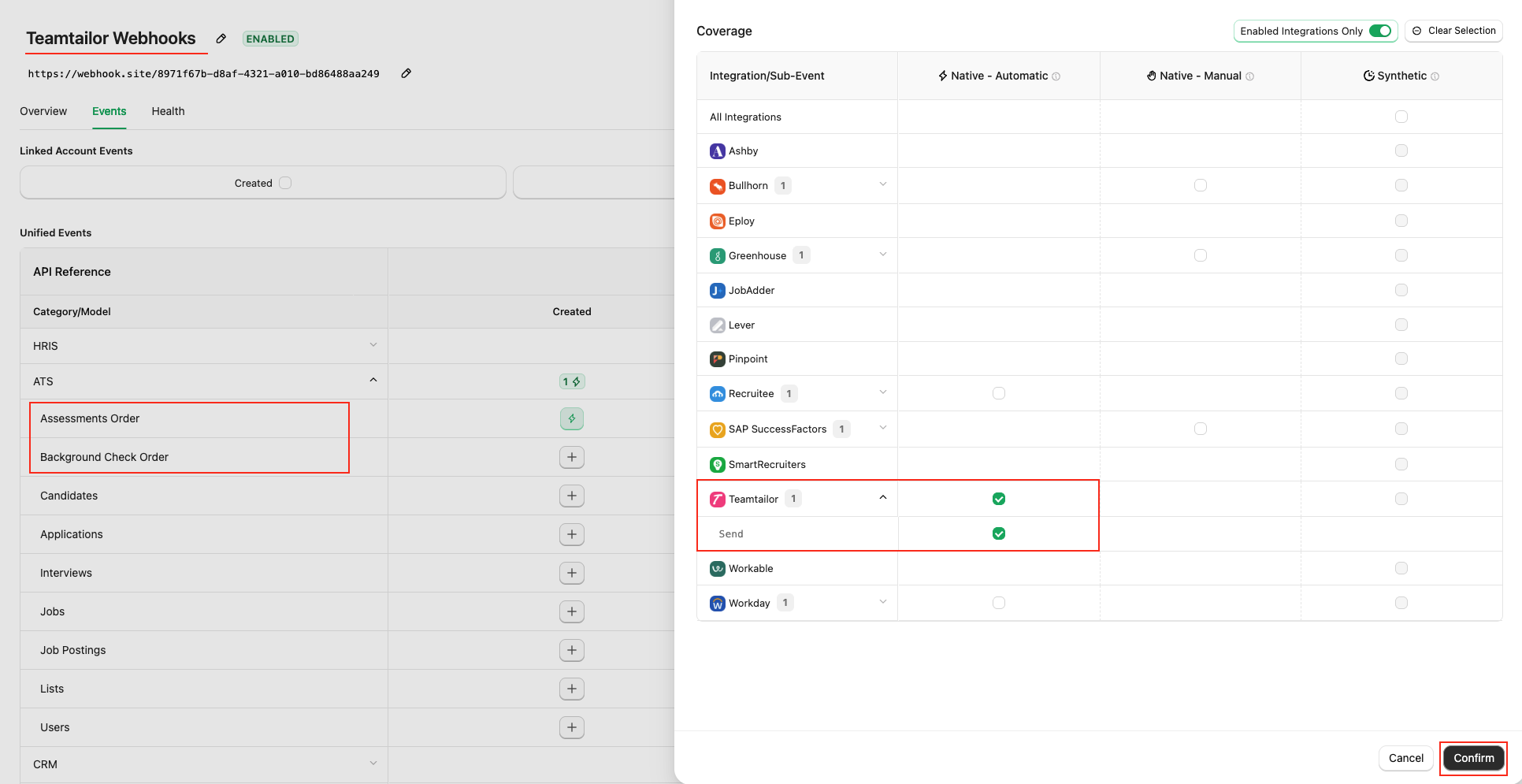 Select webhook events