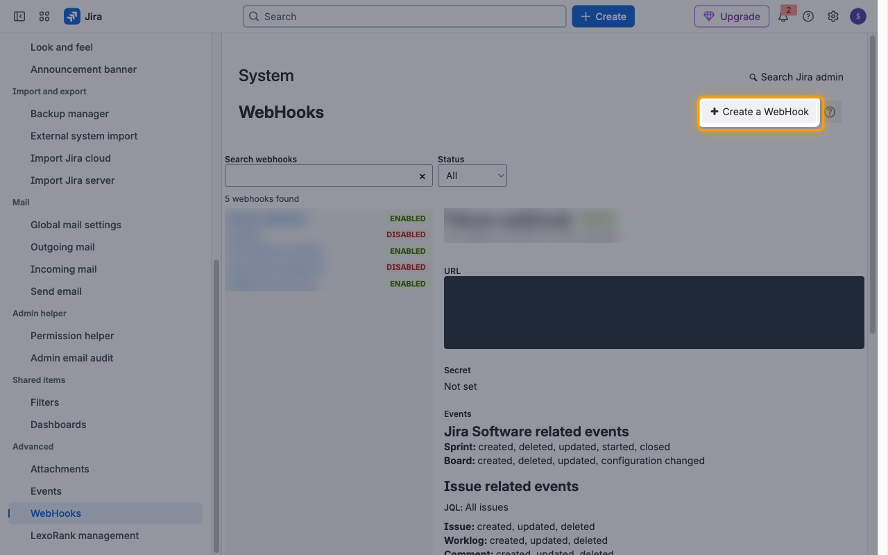 Jira WebHooks page with the Create a WebHook button highlighted