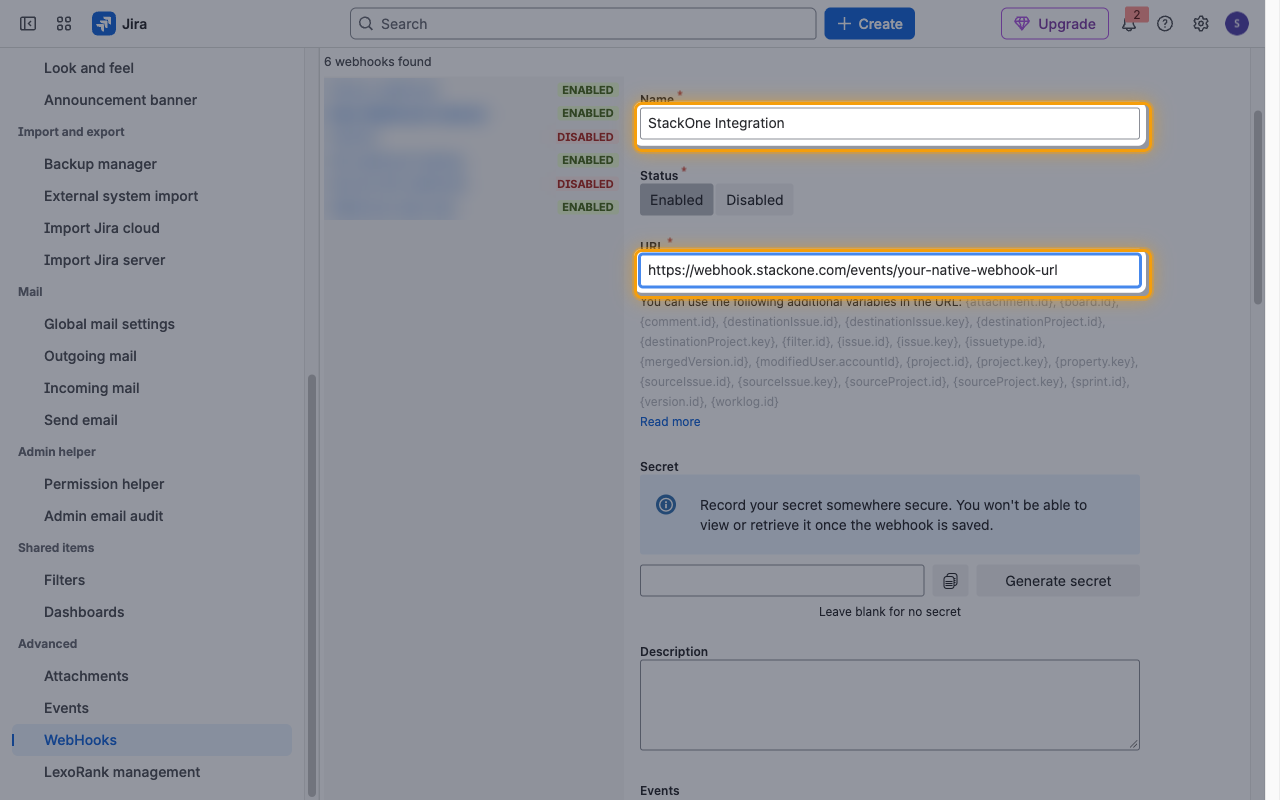 Create webhook form with the Name and URL fields highlighted