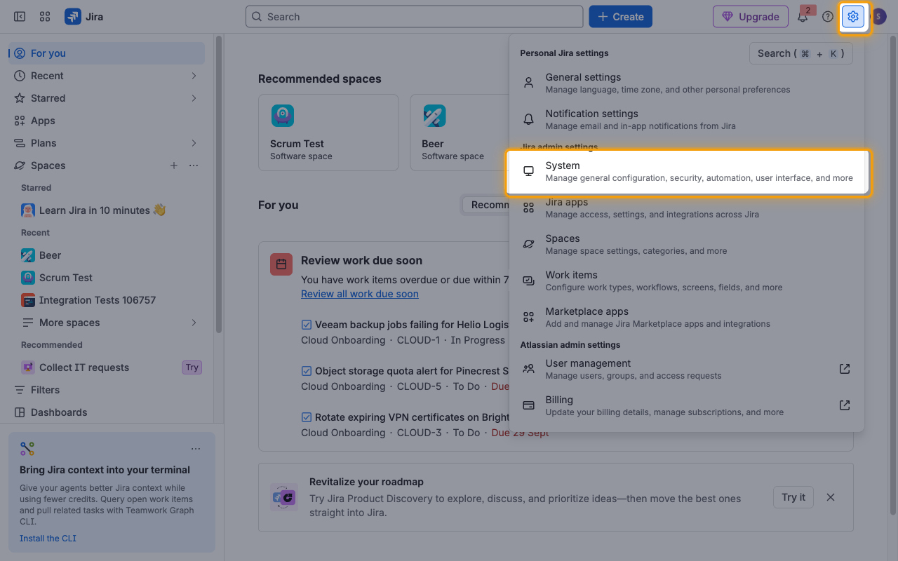 Jira Settings menu open with the Settings icon and the System item highlighted