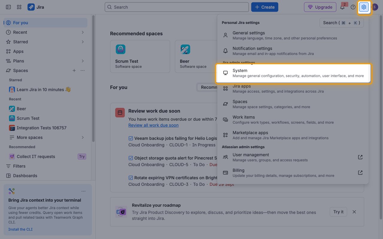 Jira Settings menu open with the Settings icon and the System item highlighted