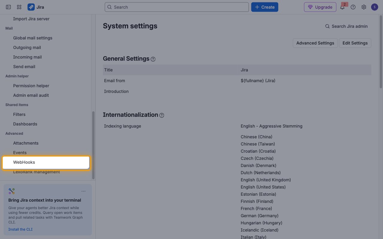 Jira System settings sidebar with WebHooks under Advanced highlighted