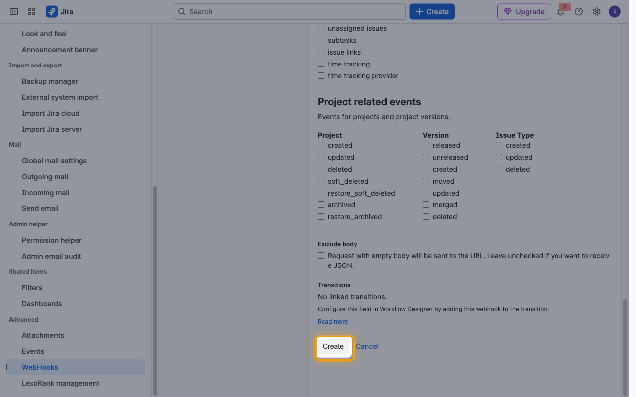 Bottom of the Create webhook form with the Create button highlighted