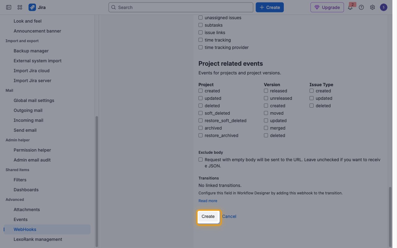 Bottom of the Create webhook form with the Create button highlighted