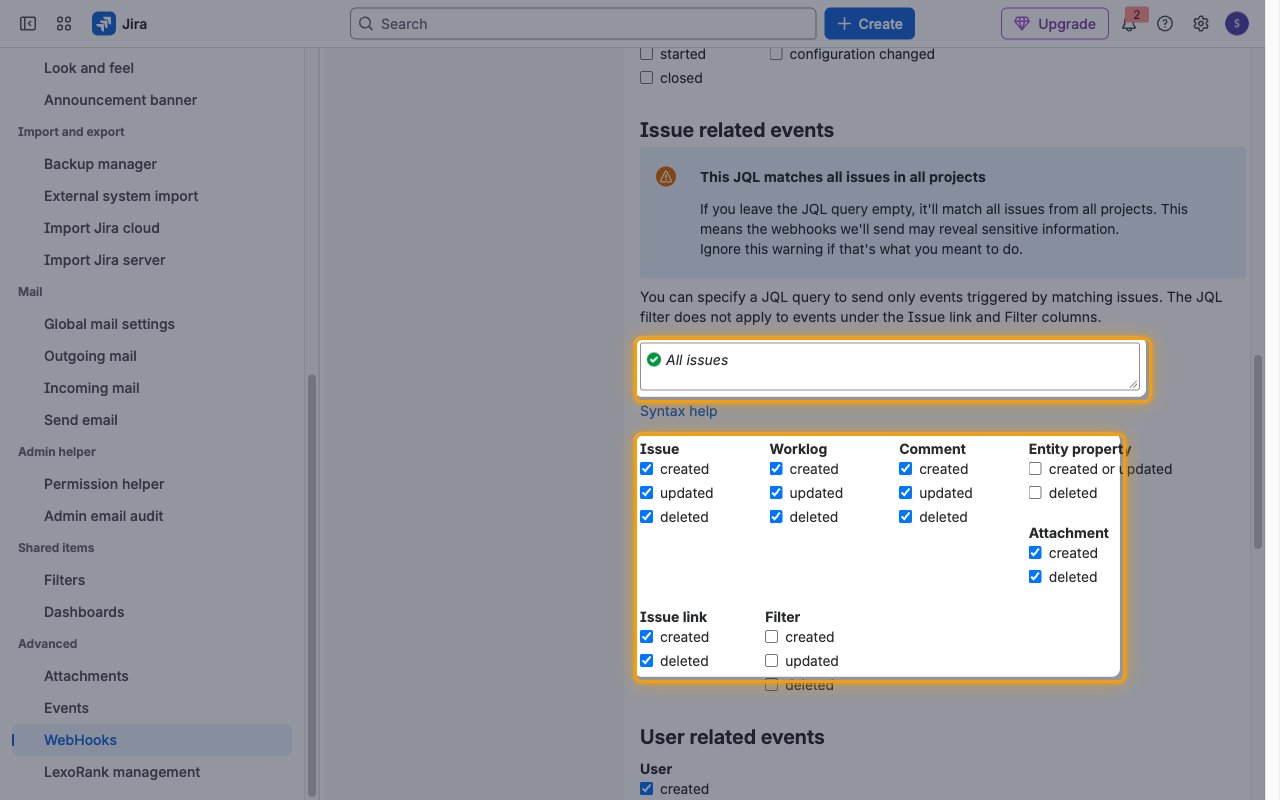 Issue related events section with the JQL field and the Issue, Worklog, Comment, Attachment and Issue link checkboxes highlighted