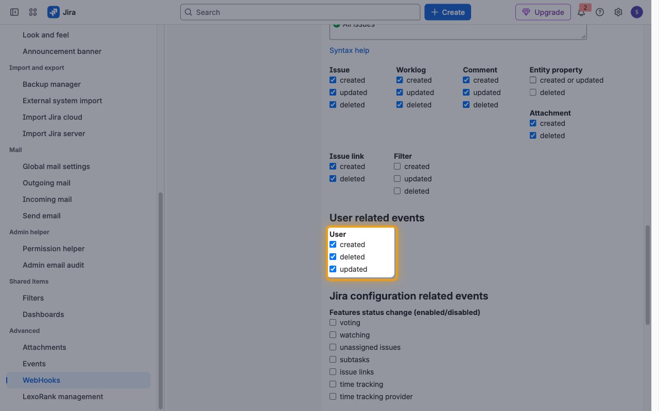 User related events section with the User created, deleted and updated checkboxes highlighted