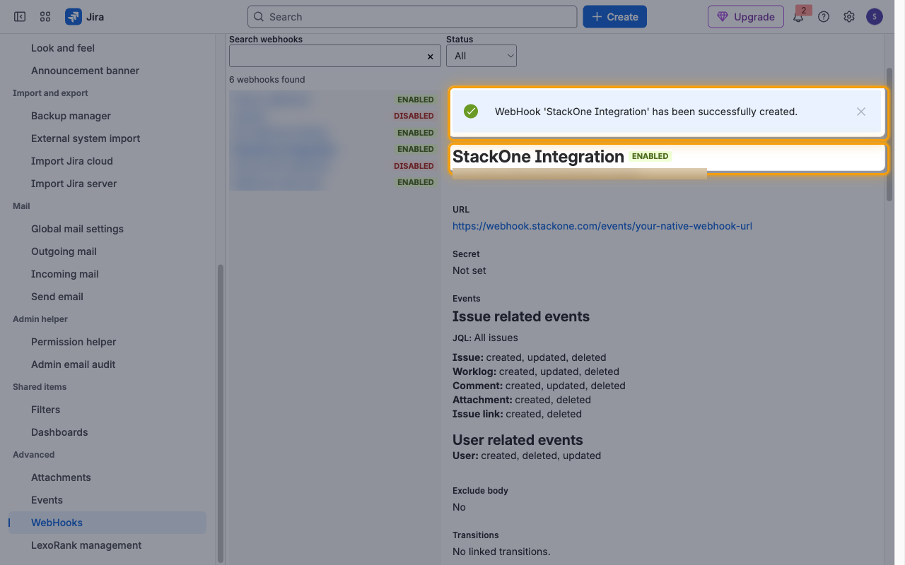 Jira WebHooks page showing the StackOne Integration webhook created and ENABLED