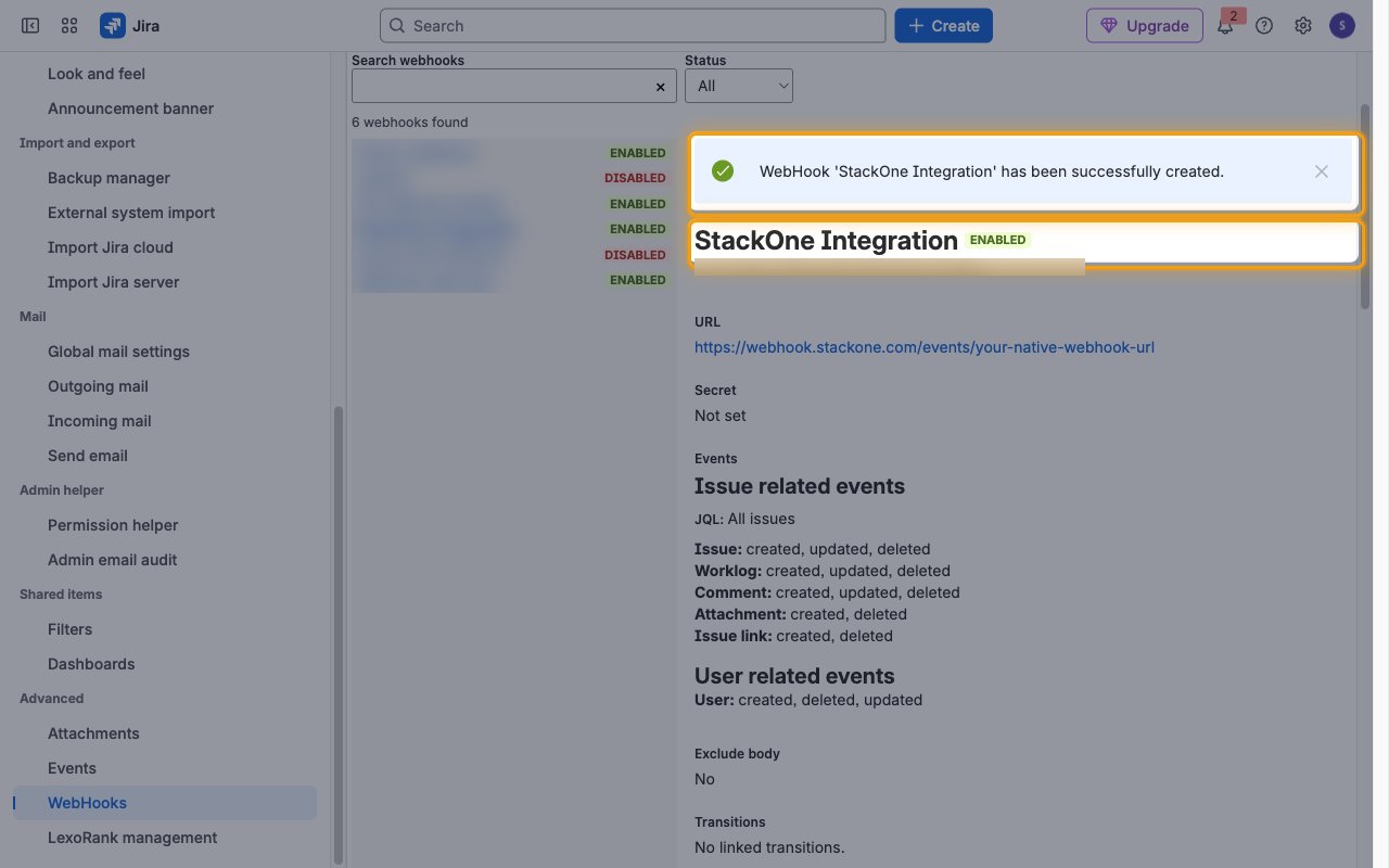 Jira WebHooks page showing the StackOne Integration webhook created and ENABLED