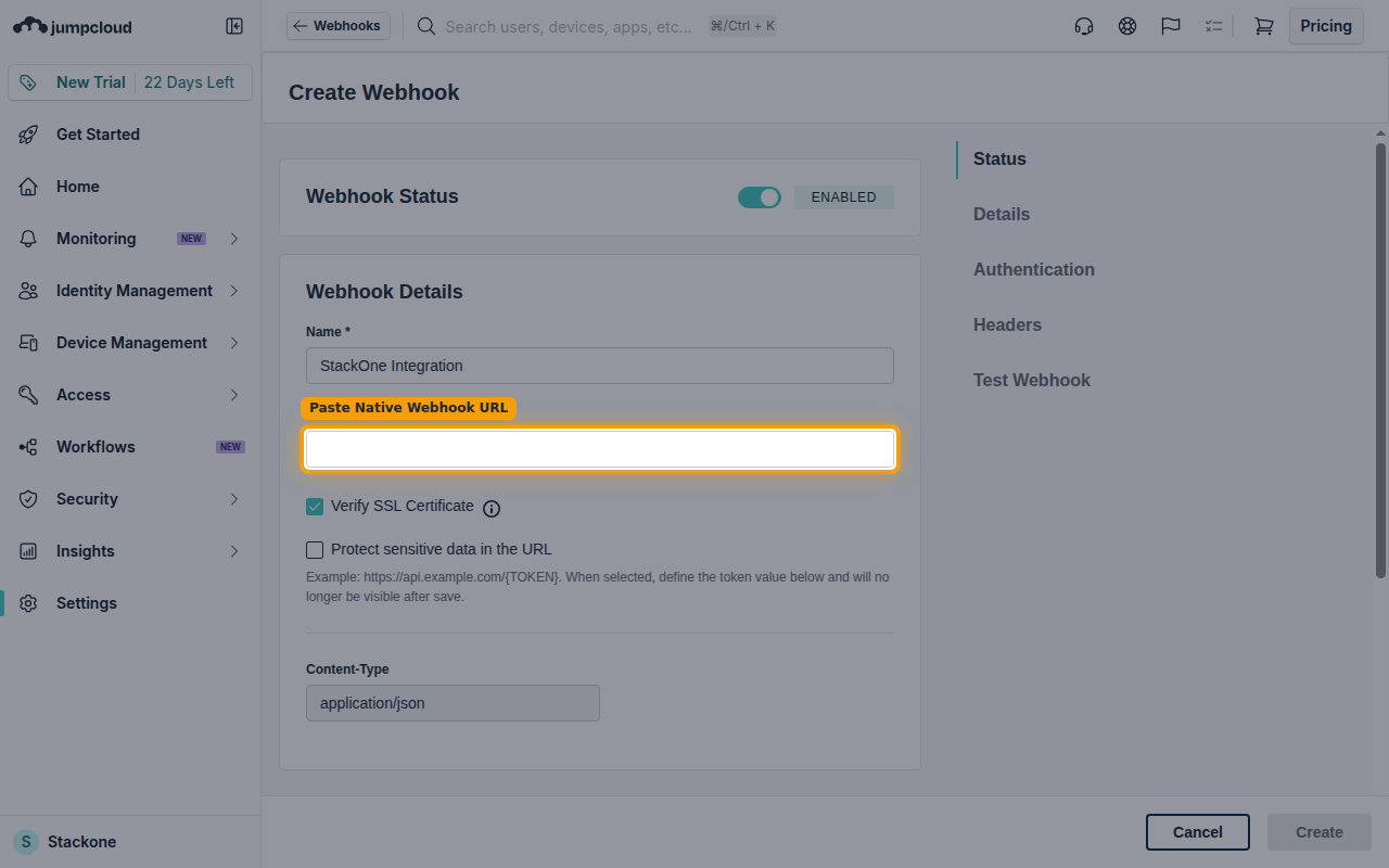 The Create Webhook screen with the Name field, the URL field, and the Content-Type set to application/json.