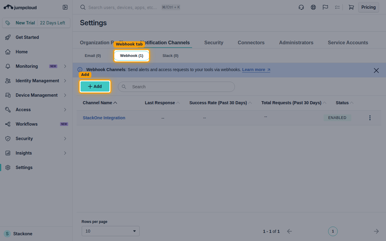 The Notification Channels page with the Webhook tab and the Add button.