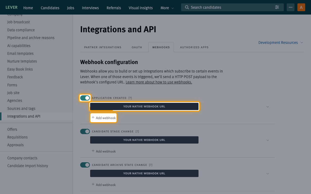The Application created event with its toggle, URL field, and Add webhook link