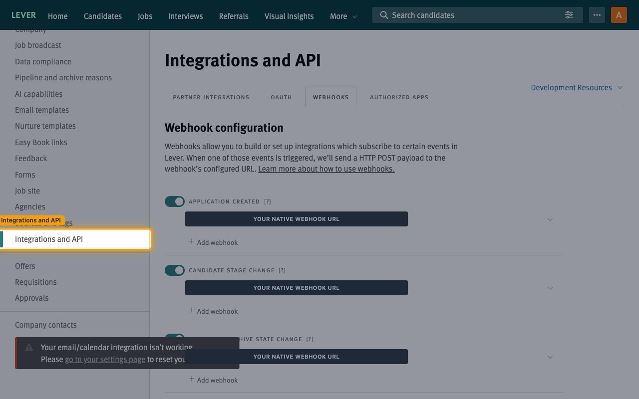 The Lever settings sidebar with Integrations and API selected