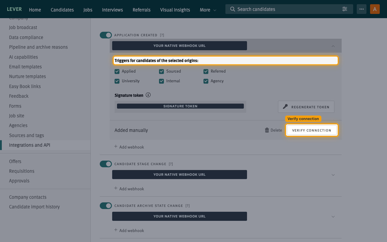 An expanded event showing the origin triggers, signature token, and the Verify connection button