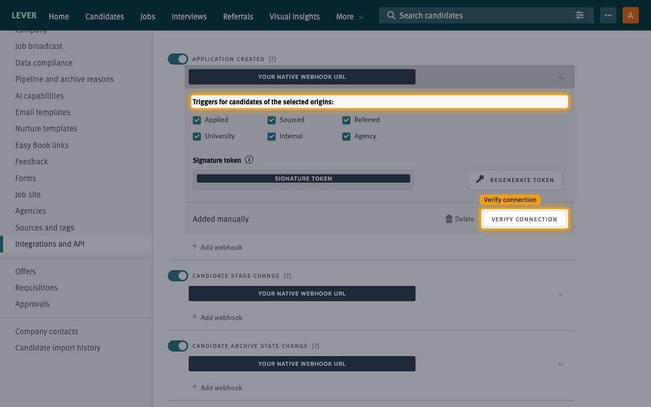 An expanded event showing the origin triggers, signature token, and the Verify connection button