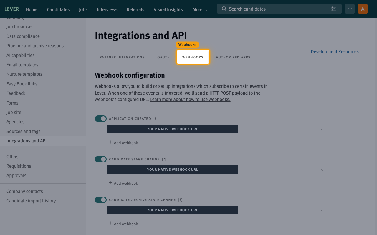 The Integrations and API page with the Webhooks tab selected