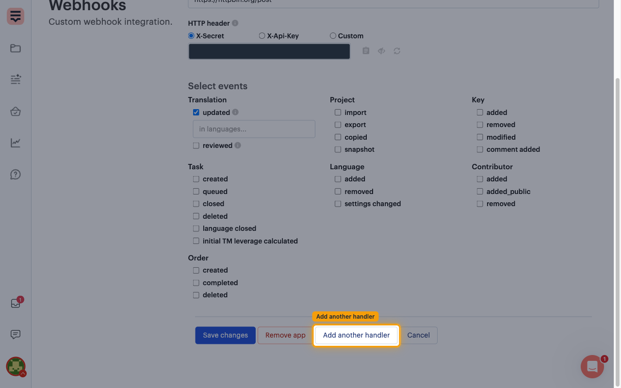 The Webhooks configuration page with the Add another handler button highlighted