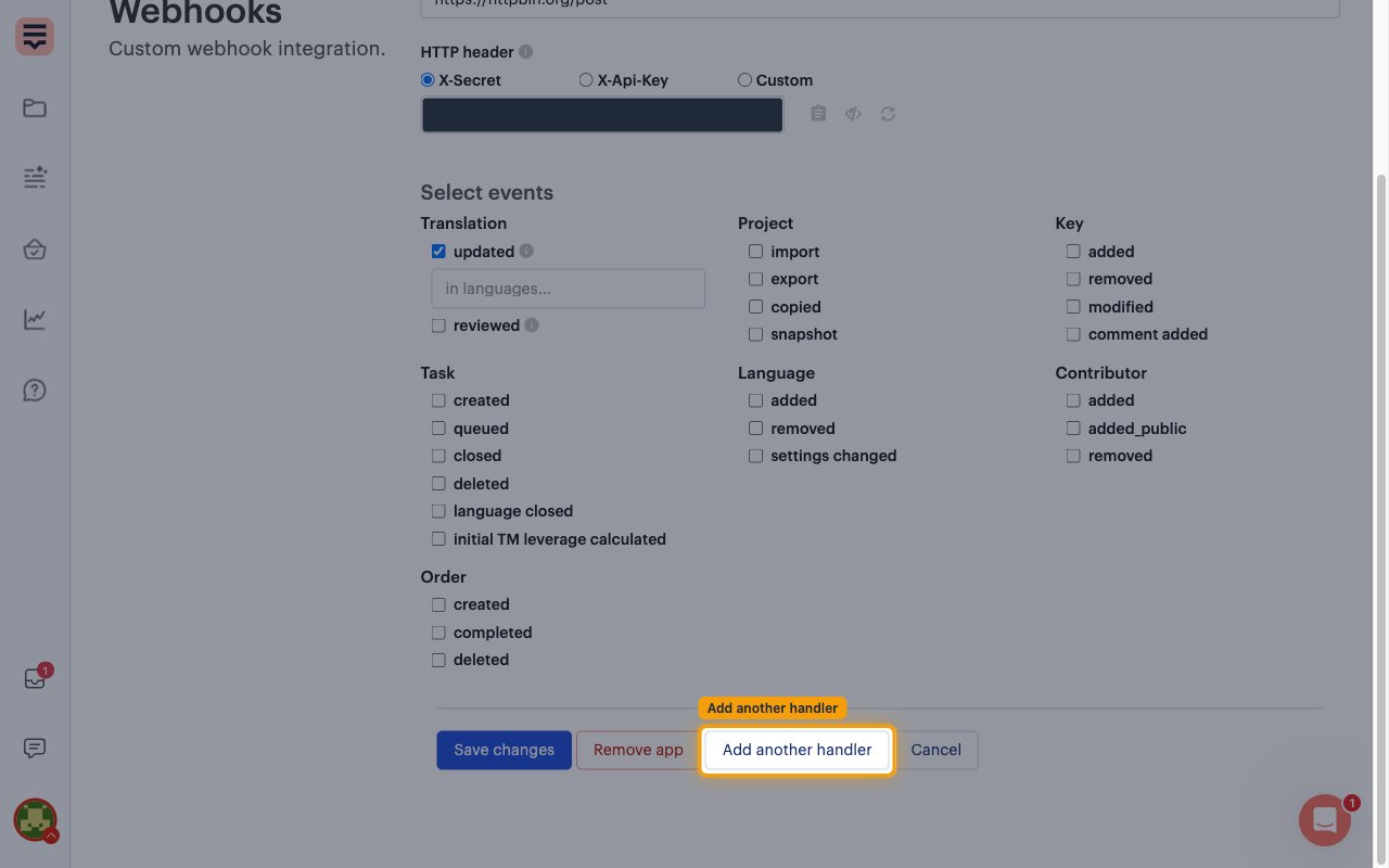 The Webhooks configuration page with the Add another handler button highlighted