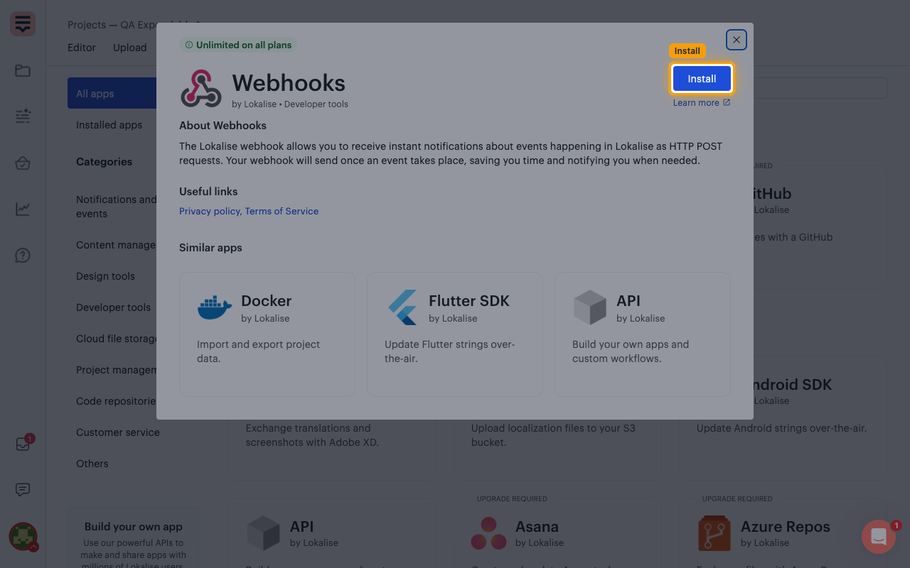 The Webhooks app details with the Install button highlighted
