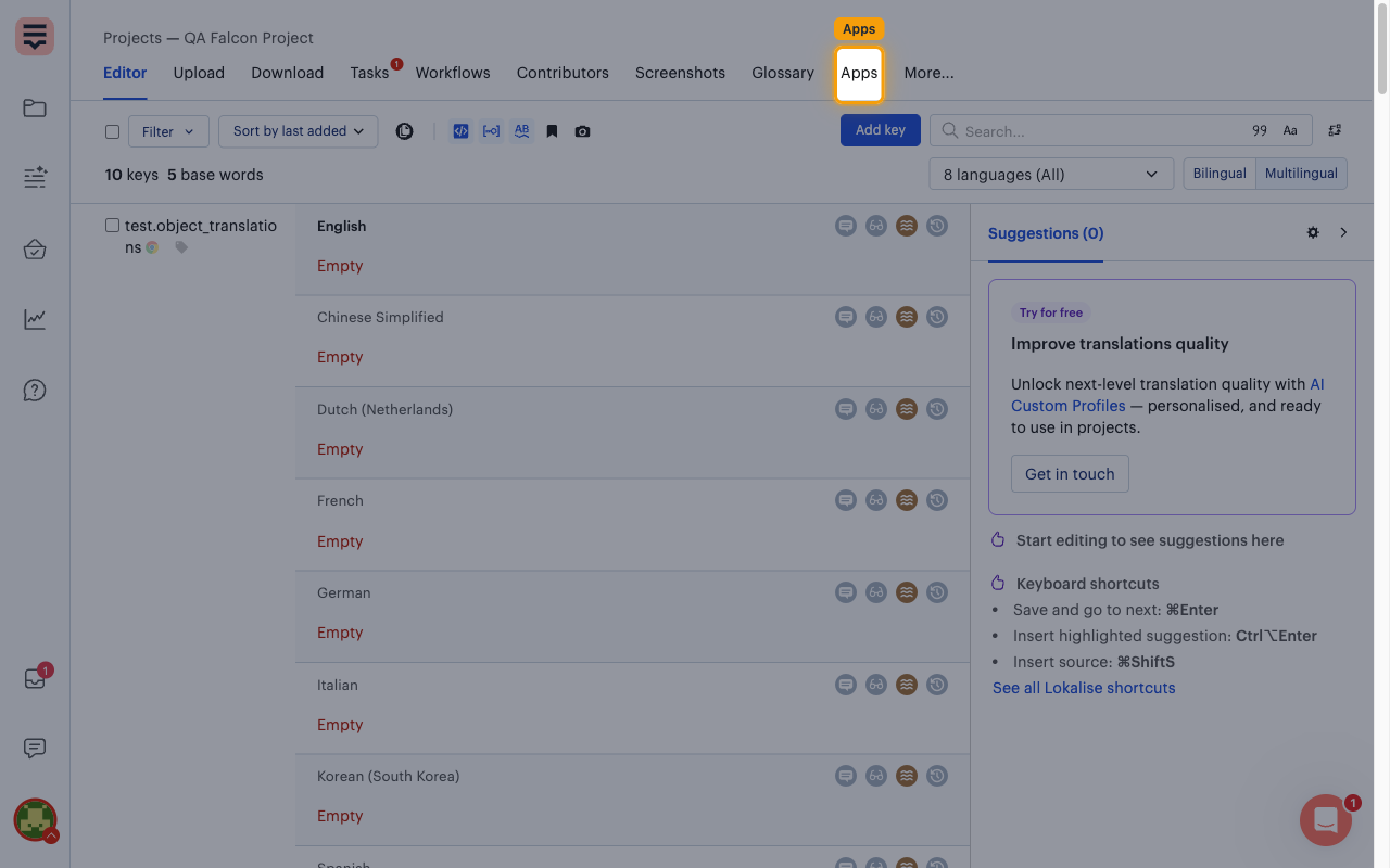 The Lokalise project editor with the Apps tab highlighted